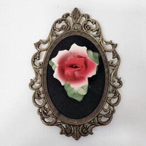 Vintage Porcelain Capodimonte Rose Flower Velvet Metal Ornate Frame Wall Hanging